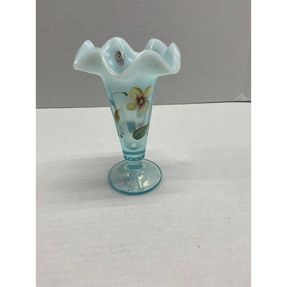 Fenton Art Glass Vase Blue Aqua Handpainted Floral Ruffled Edge Made In USA